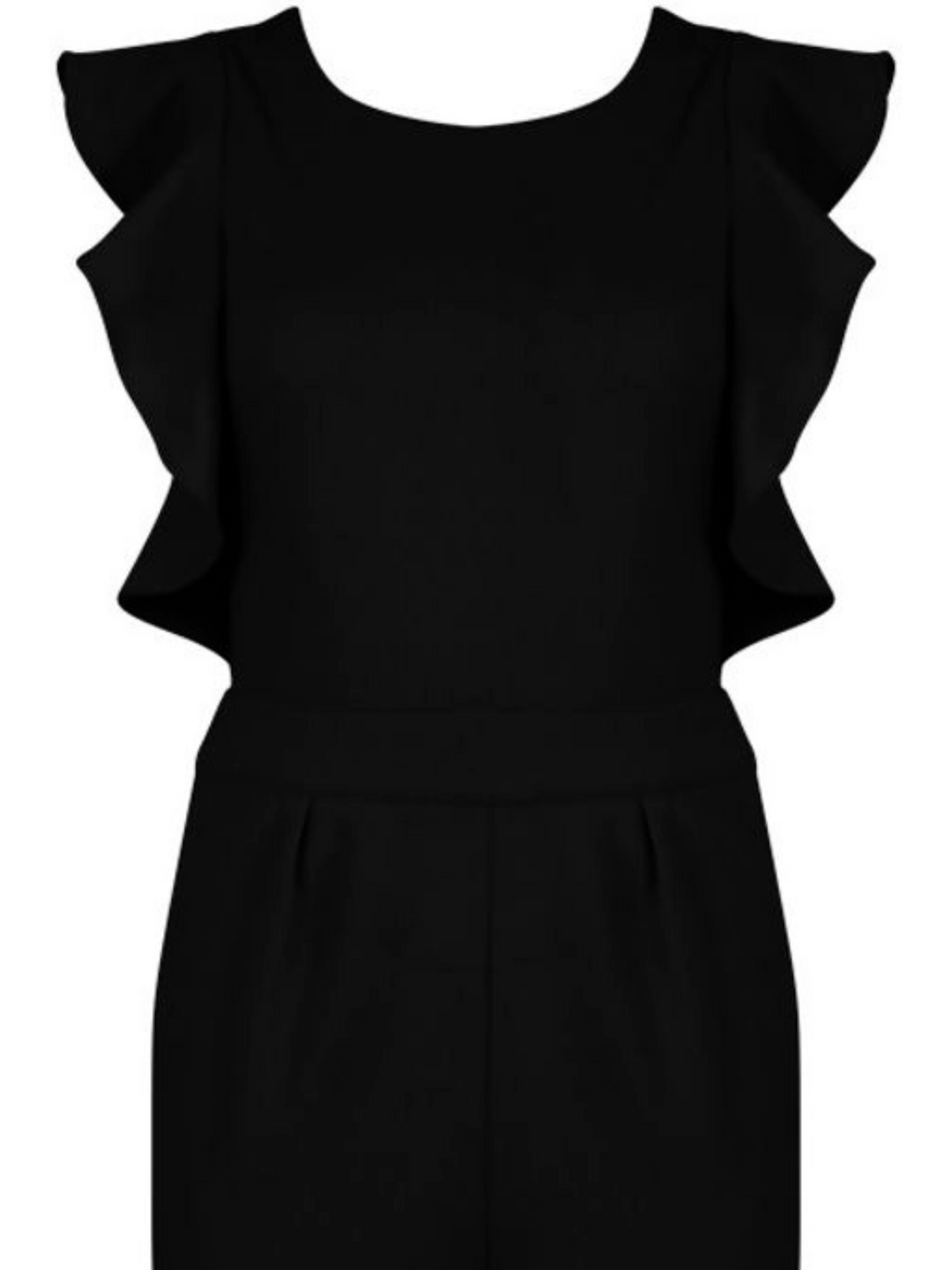 Closeup of a ghost manequin wears sleeveless black jumpsuit with pleated frill sides and  open back. The jumpsuit has a concealed zip back fastening. The ghost manequin shows a closeup of the front the jumpsuit, demonstrating the frilled pleated sides and scope neck front. 