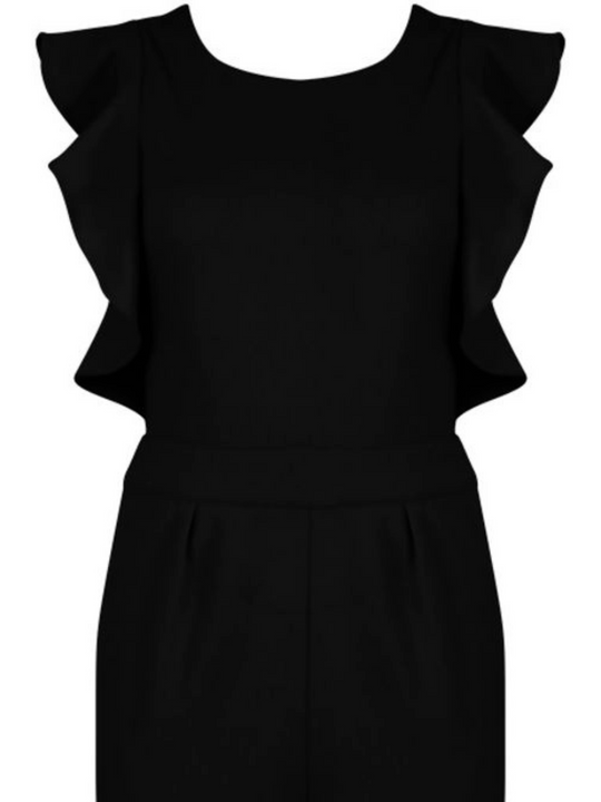 Closeup of a ghost manequin wears sleeveless black jumpsuit with pleated frill sides and  open back. The jumpsuit has a concealed zip back fastening. The ghost manequin shows a closeup of the front the jumpsuit, demonstrating the frilled pleated sides and scope neck front. 