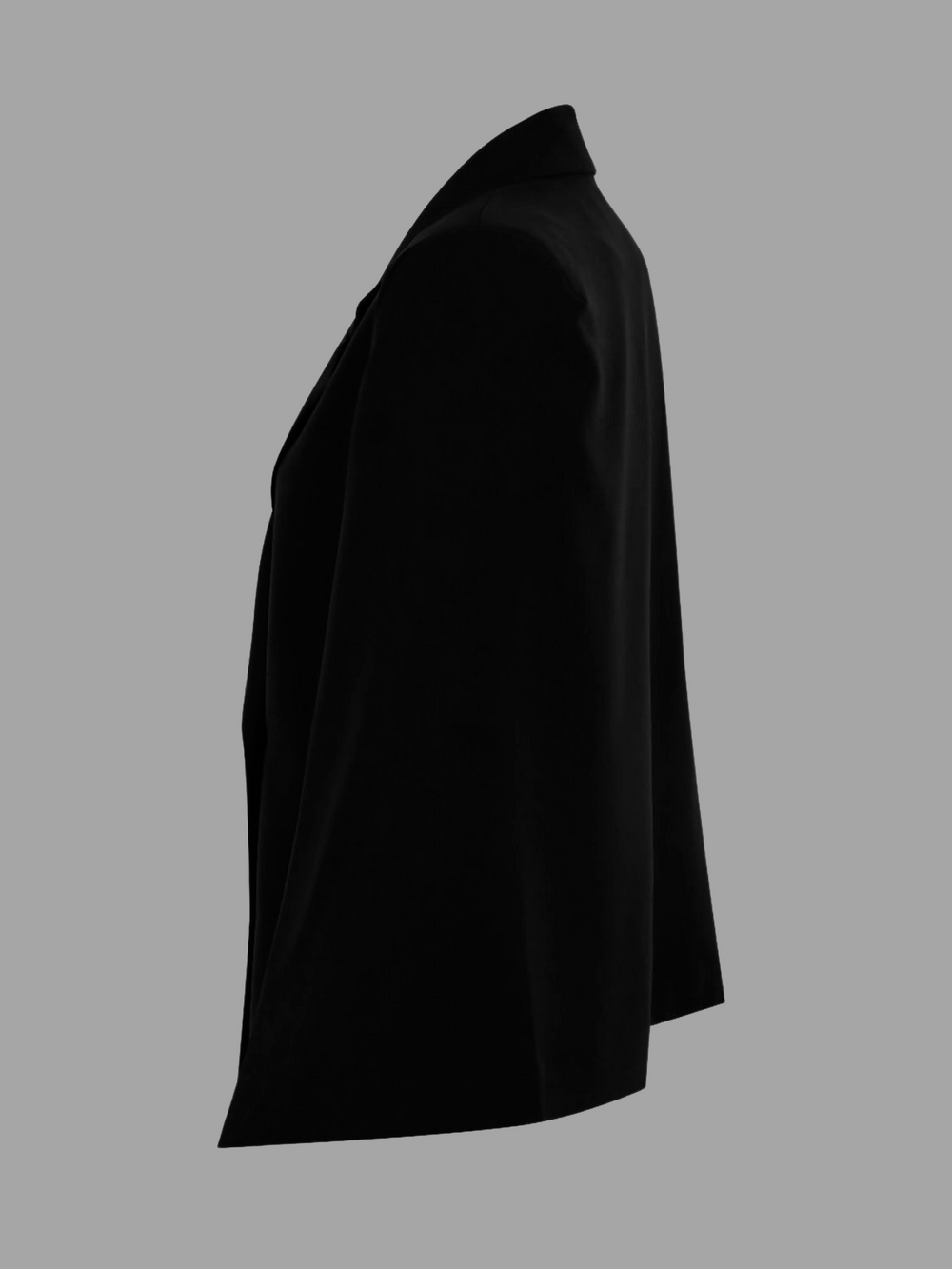 Ghost manequin wears a luxe black blazeer with a double breasted design, cape sleeves and a gold military buttons at the front of the blazer.  The ghost manequin stands to the side, the side of the blazer can be seen, including the shape of the cape.
