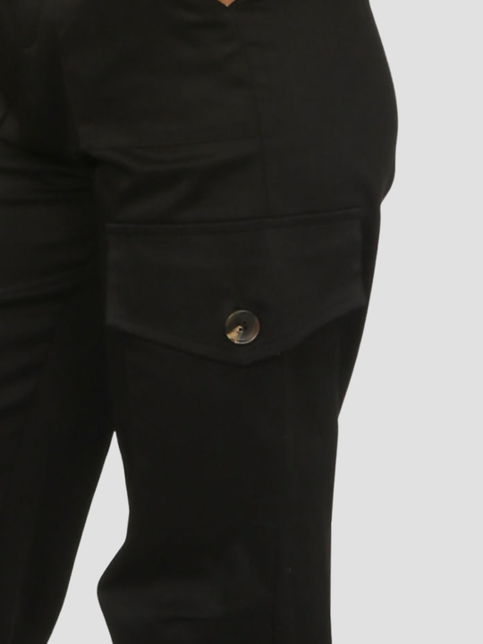 Close up of black cargo trouser, the cargo pocket at the side of the leg can be seen. 