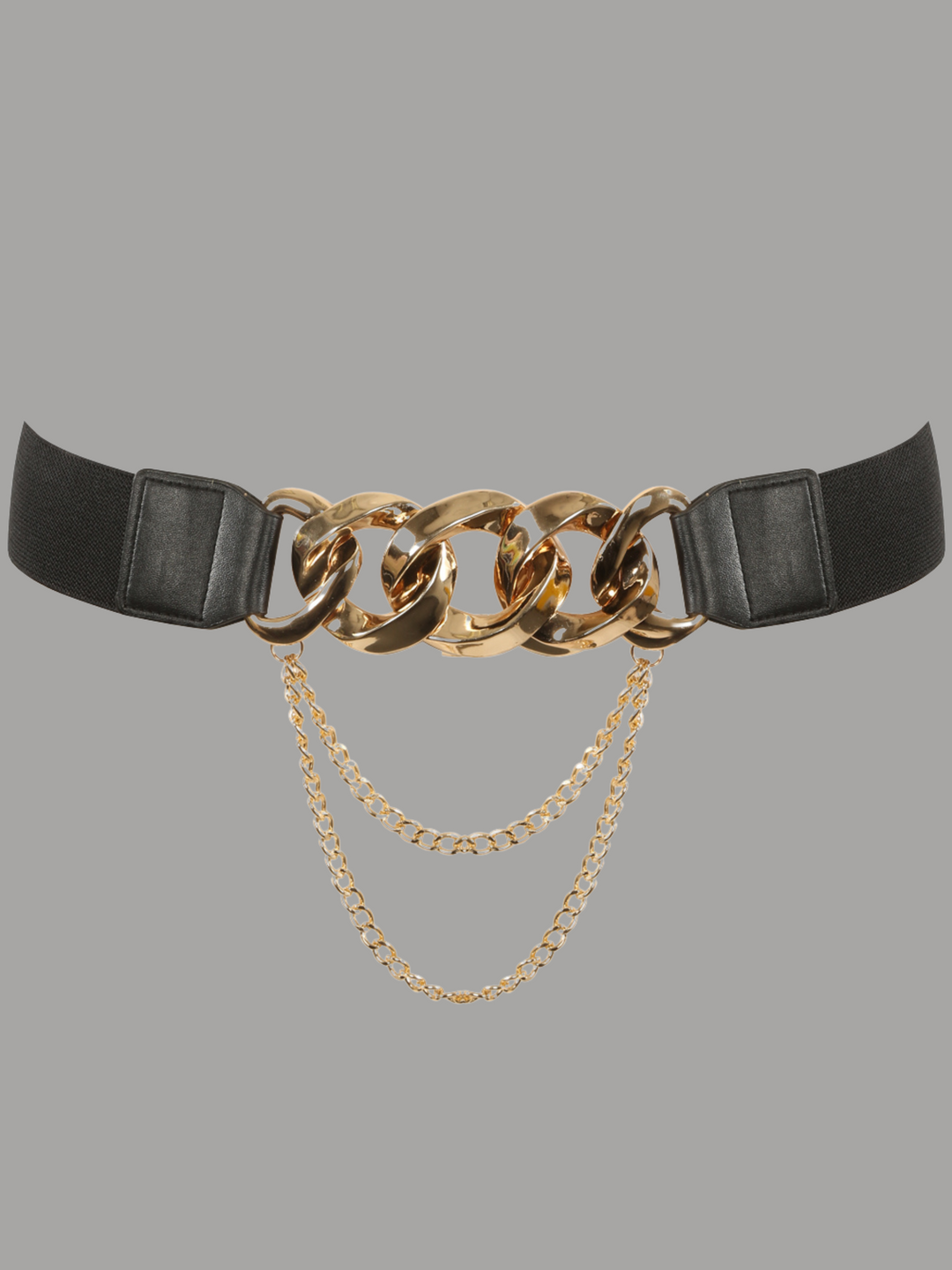 Ghost manequin wears a black elasticated belt with gold buttoned back fastening. The front of the belt has chunky chain link design, with an additional slim gold chain link. The front of the belt can be seen. 