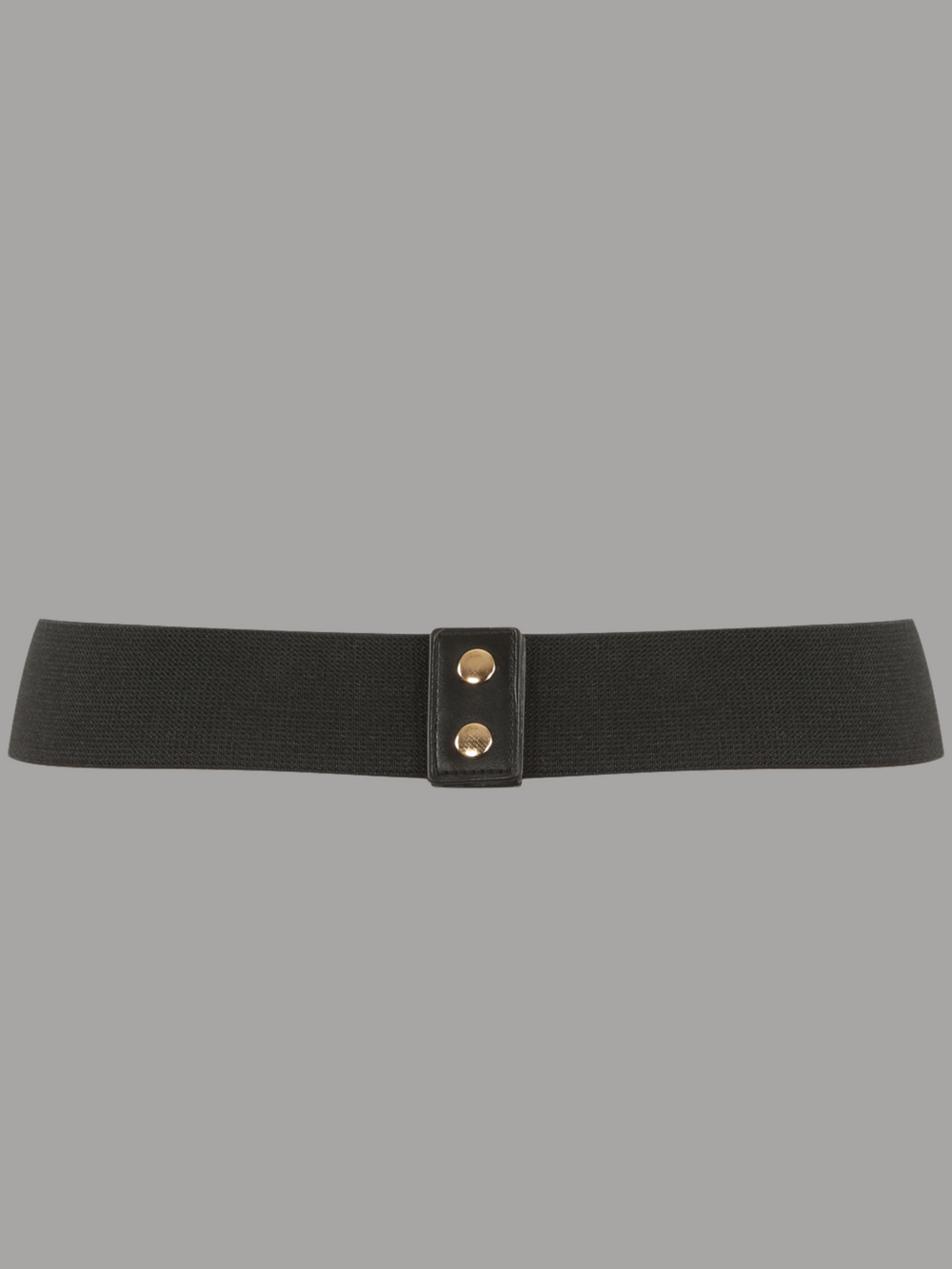 Ghost manequin wears a black elasticated belt with gold buttoned back fastening. The front of the belt has chunky chain link design, with an additional slim gold chain link. The back of the belt can be seen, including the gold buttons. 