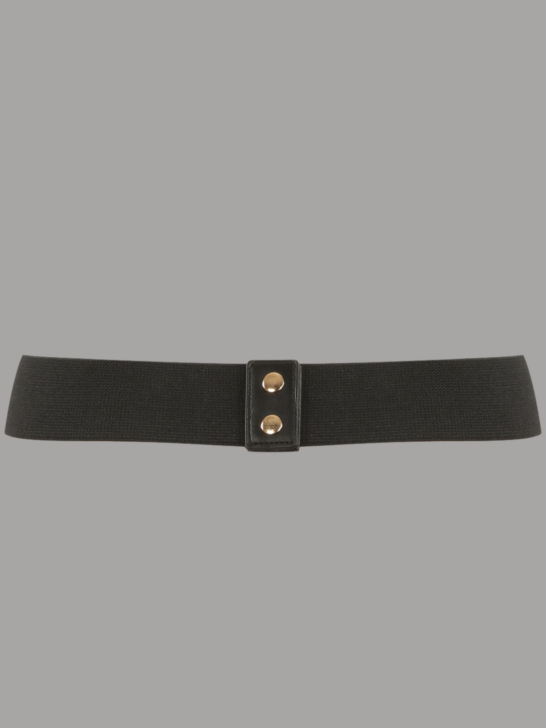 Ghost manequin wears a black elasticated belt with gold buttoned back fastening. The front of the belt has chunky chain link design, with an additional slim gold chain link. The back of the belt can be seen, including the gold buttons. 