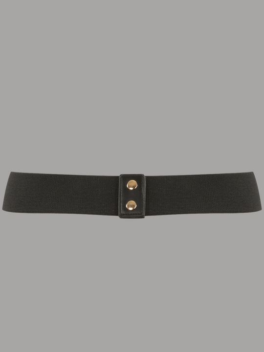 Ghost manequin wears a black elasticated belt with gold buttoned back fastening. The front of the belt has chunky chain link design, with an additional slim gold chain link. The back of the belt can be seen, including the gold buttons. 