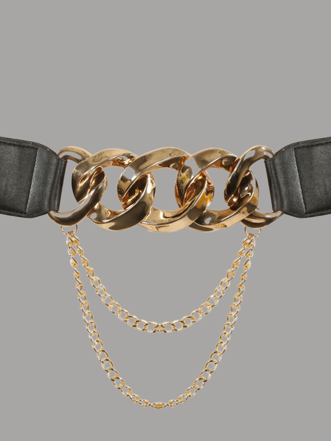 Close up of the front of the belt. Ghost manequin wears a black elasticated belt with gold buttoned back fastening. The close up of the belt shows the chunky gold chain belted design, which has a PU faux leather strap on either side.