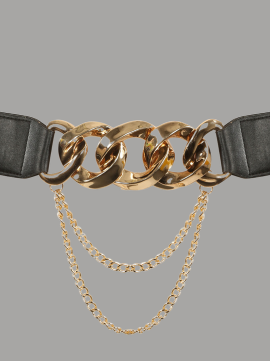 Close up of the front of the belt. Ghost manequin wears a black elasticated belt with gold buttoned back fastening. The close up of the belt shows the chunky gold chain belted design, which has a PU faux leather strap on either side.