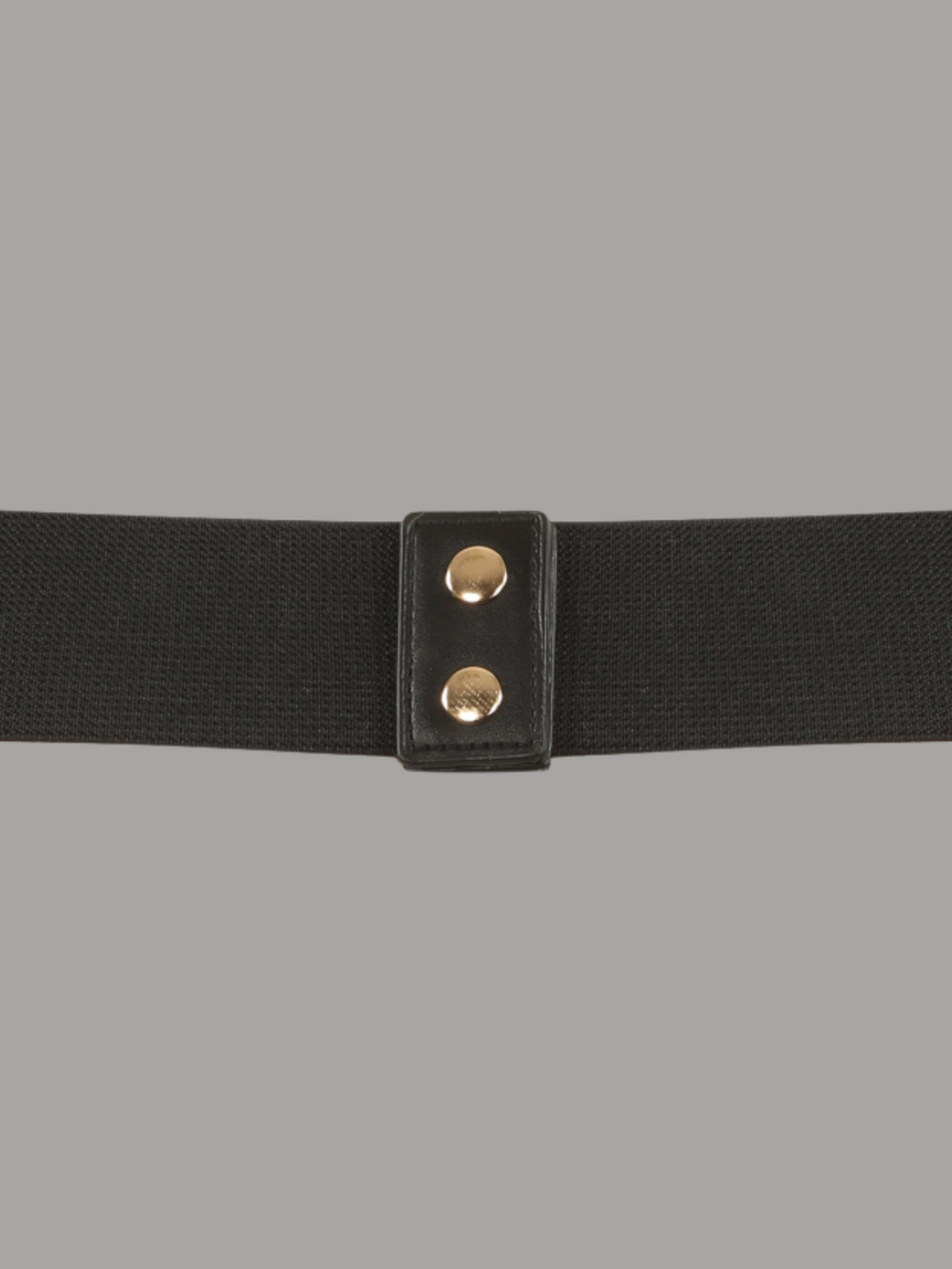 Close up at the back of the belt. Ghost manequin wears a black elasticated belt with chuncky gold belt design. The back of the belt can be seen, including the gold buttons. 