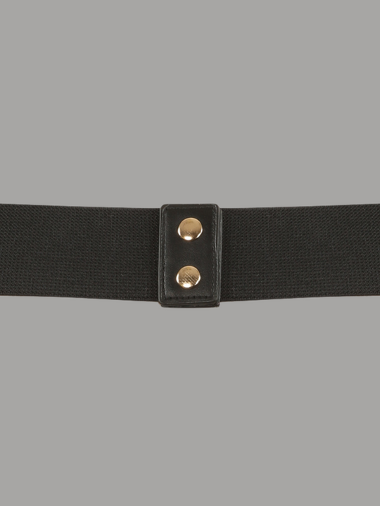Close up at the back of the belt. Ghost manequin wears a black elasticated belt with chuncky gold belt design. The back of the belt can be seen, including the gold buttons. 