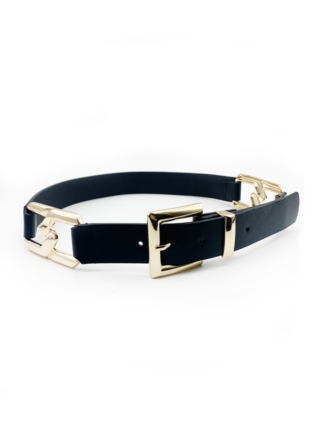 Black faux leather belt, with gold chain detailing and front gold buckle fastening. The belt has an adjustable waist ban and is placed on a plain cream background. 
