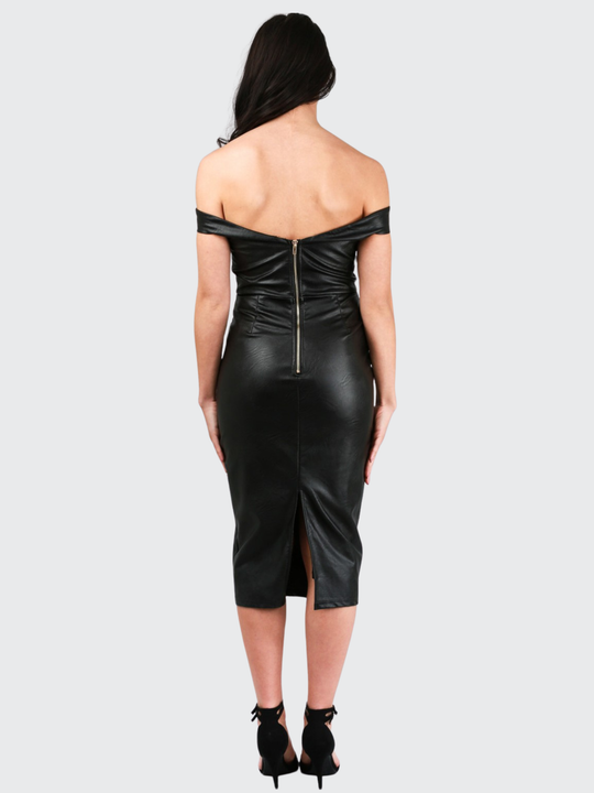 Full length shot. Female model stands in front of a plain background. The model faces the camera and wears a faux leather pu midi dress, with off the shoulder bardot design, sweetheart neckline and zip back design. The model has tanned skin and long black hair,  the model stands with her back to thencamersa and her hands by her sides, the back of the exposed zip can be seen. The model wears black high heels.