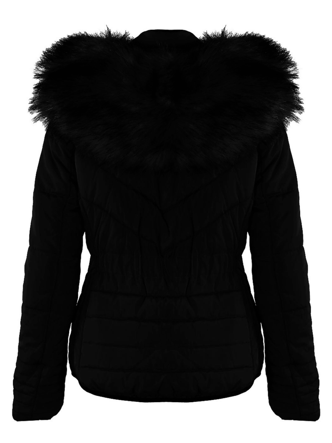 Ghost mannequin wears a female black quilted puffer jacket that has front zip fastening, popper closer  and side zip fastening. The jacket also has a detachable chunky faux fur hood. The ghost mannequin stands with its back to the camera,  the back of the jacket can be seen, including the chunky faux fur hood. 