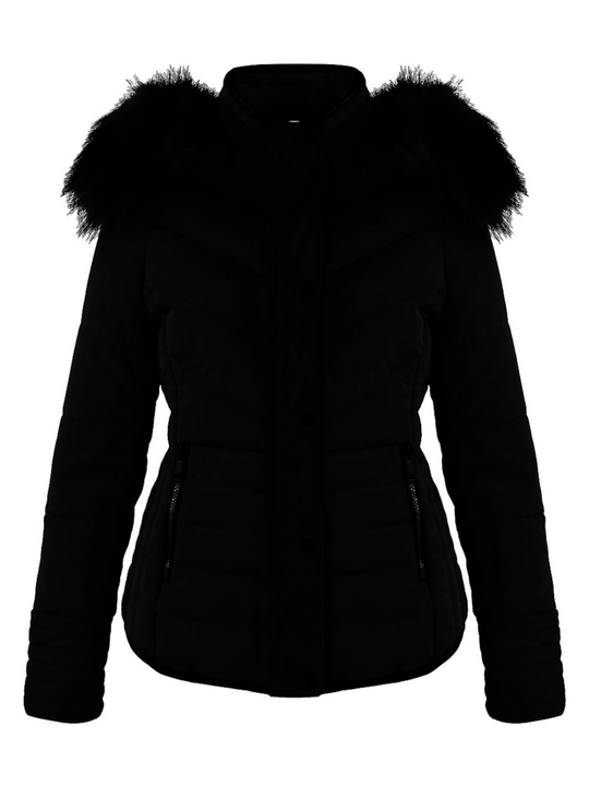 Ghost mannequin wears a female black quilted puffer jacket that has front zip fastening, popper closer  and side zip fastening. The jacket also has a detachable chunky faux fur hood. The ghost mannequin faces forward the front of the jacket can be seen, including the side zip fastening. 