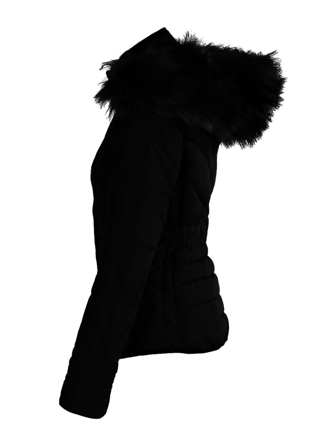Ghost mannequin wears a female black quilted puffer jacket that has front zip fastening, popper closer  and side zip fastening. The jacket also has a detachable chunky faux fur hood. The ghost mannequin  stands to the side, the side of the jacket can be seen, including the side of the hooded faux fur trim. 