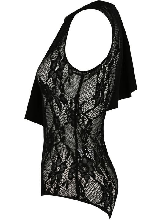 Ghost manequin wears a black high neck lace bodysuit.  One shoulder of the bodysuit has ruffled shoulders. The ghost manequin can be seen from the side.