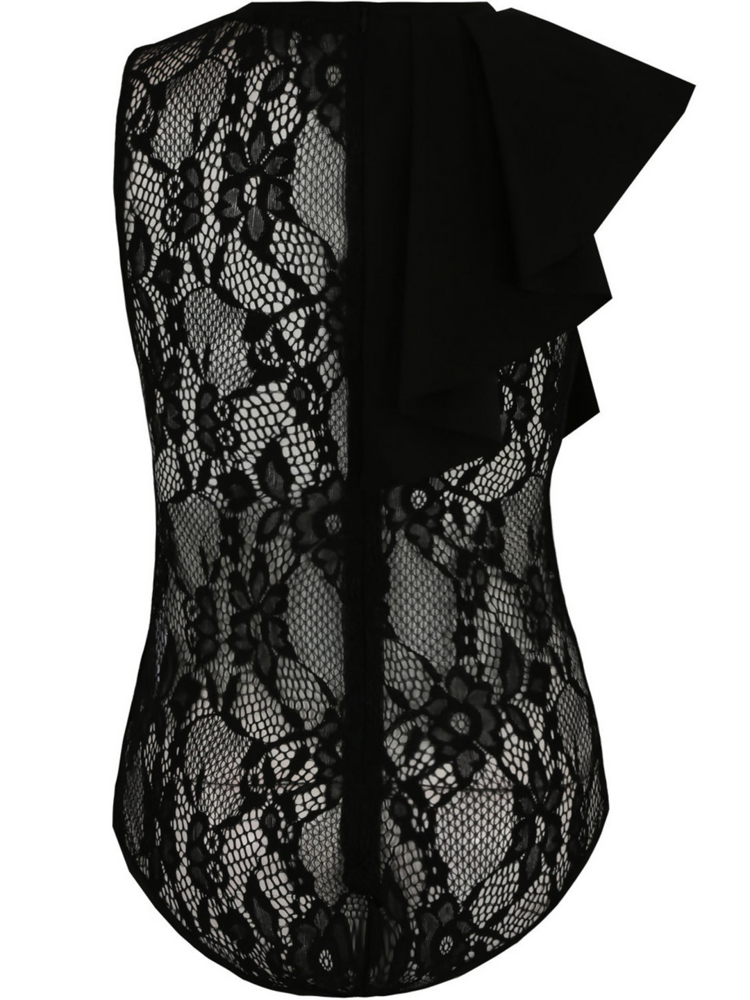 Ghost manequin wears a black high neck lace bodysuit.  One shoulder of the bodysuit has ruffled shoulders. The back of the bodysuit can seen, including the ruffled shoulders.