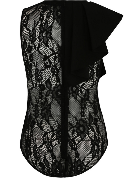 Ghost manequin wears a black high neck lace bodysuit.  One shoulder of the bodysuit has ruffled shoulders. The back of the bodysuit can seen, including the ruffled shoulders.