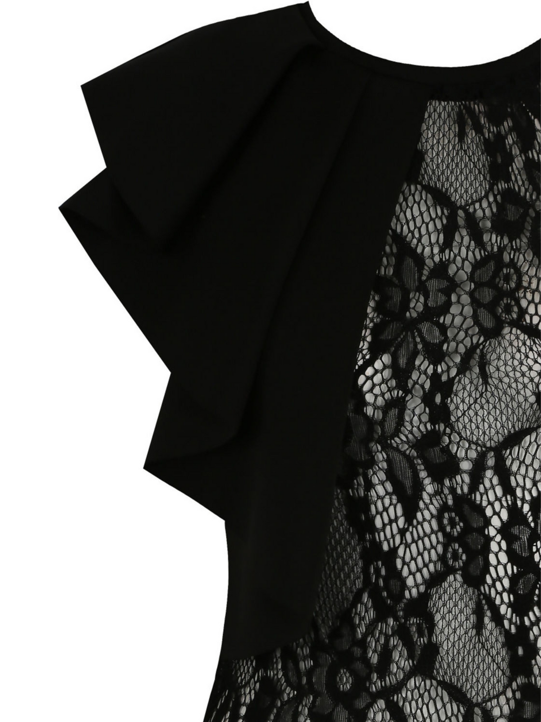Ghost manequin wears a black high neck lace bodysuit.  One shoulder of the bodysuit has ruffled shoulders. The photo shows a close up of  the ruffled shouder.