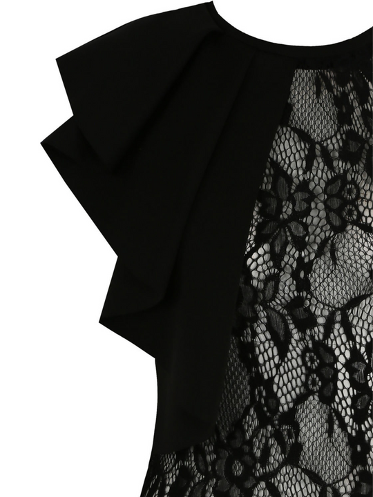 Ghost manequin wears a black high neck lace bodysuit.  One shoulder of the bodysuit has ruffled shoulders. The photo shows a close up of  the ruffled shouder.