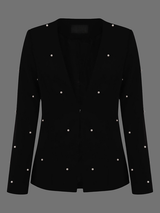 Ghost manequin wears a luxe black lapel-less blazer, with a tailored silhouette, front fastening and  decorative pearls accebrs  at the front of the blazer and blazer arms. The ghost manequin faces forward, the front of the blazer can seen. 