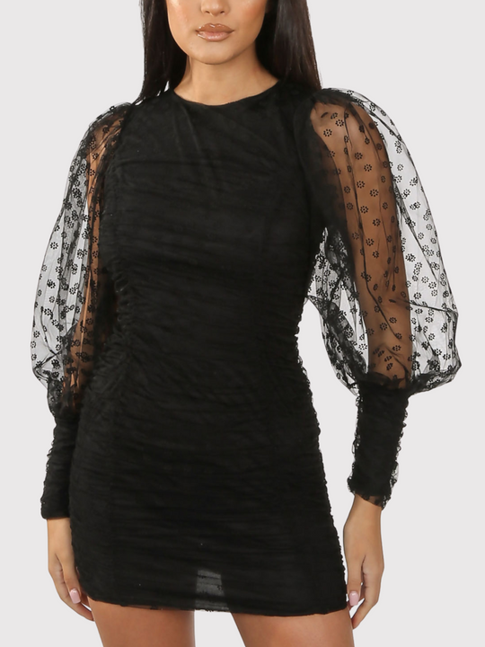 Mid length shot. Female model wears a black mini dress with sheer long sleeves with rounded neck and pleated overlay.  The model has tanned skin and long black hair, the sheer sleeves and sheer overlay can be seen. 