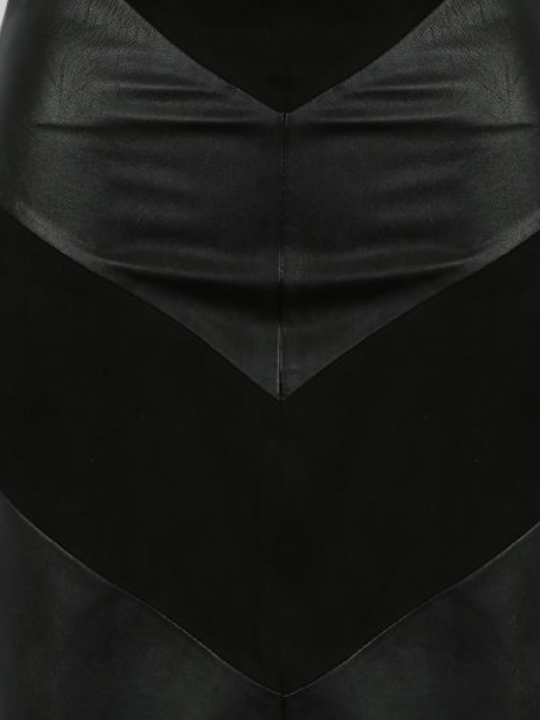 Close up of faux leather and faux sude mini skirt panels. 