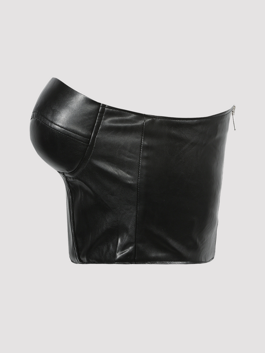 Ghost manequin wears black faux leather bralette crop top, with sweet heart neckline with exposed zip back fastening. Ghost manequin stands to the side, the side of the faux leather top can be seen. 