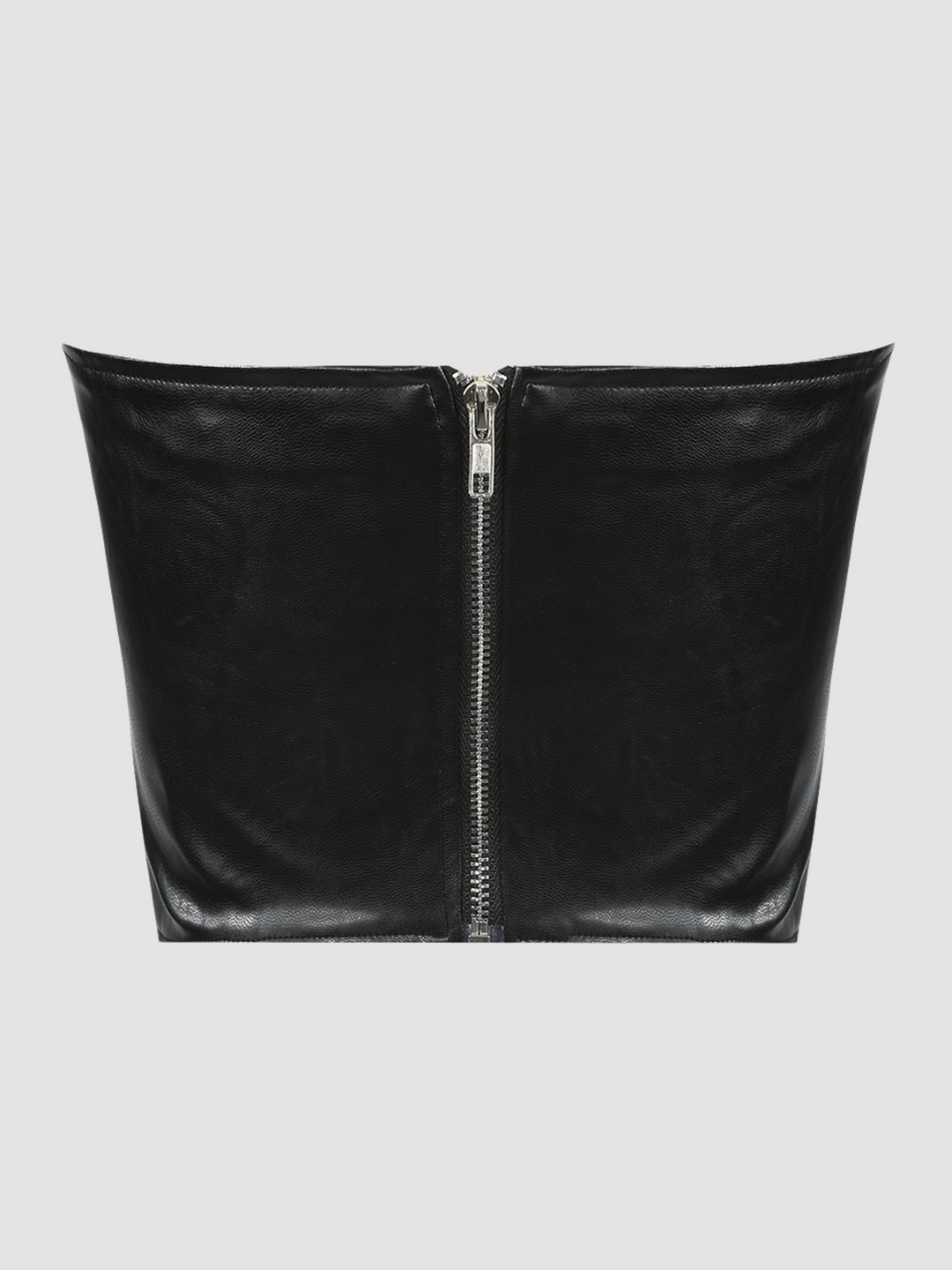 Ghost manequin wears black faux leather bralette crop top, with sweet heart neckline with exposed zip back fastening. The ghost manequin has ther back to the camera, the back of the  faux leather bralette can be seen, including the exposed zip back fastening. 