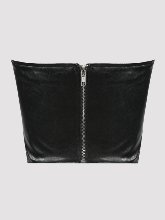 Ghost manequin wears black faux leather bralette crop top, with sweet heart neckline with exposed zip back fastening. The ghost manequin has ther back to the camera, the back of the  faux leather bralette can be seen, including the exposed zip back fastening. 