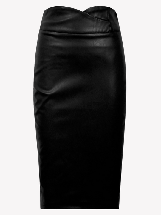 Ghost manequin wears a black pu leather high waisted skirt, with a criss cross sweetheart waist line and zip back  fastening. The front of the high waisted skirt can be seen. 