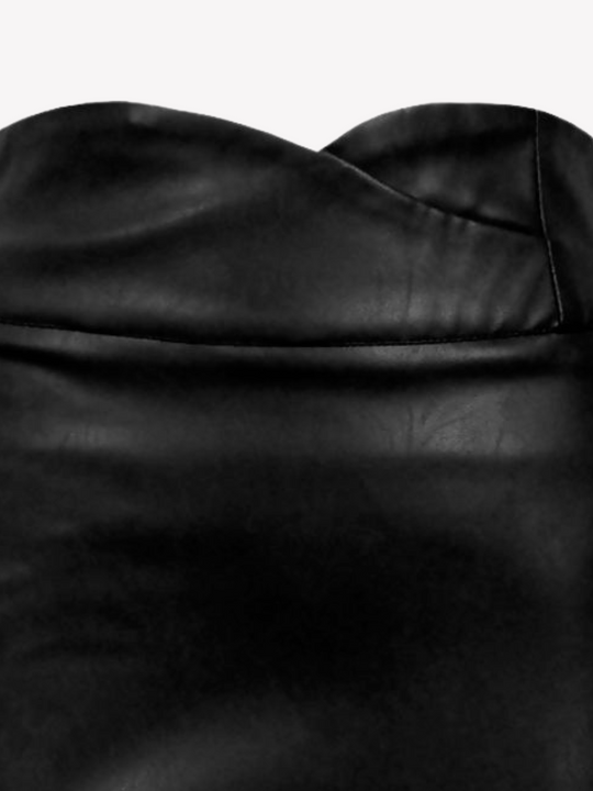 Closeup. Ghost manequin wears  a black pu leather high waisted skirt, with a criss cross sweetheart waist line and zip back  fastening. The picture shows a closeup of the sweetheart style waist band.