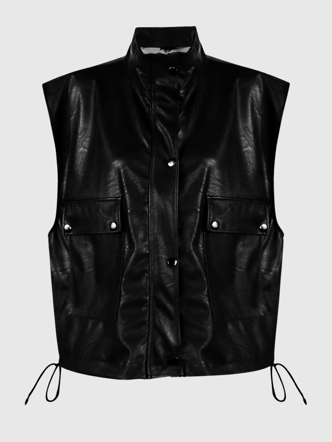 Ghost mannequin stands in front go a plain background, it wears a cropped black faux leather Gillet with front button fastening and string  waist adjustable fastening.