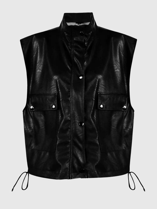 Ghost mannequin stands in front go a plain background, it wears a cropped black faux leather Gillet with front button fastening and string  waist adjustable fastening.