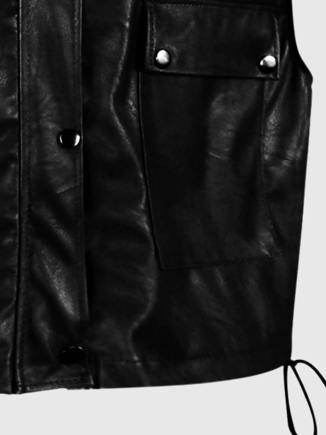 Close up, Ghost mannequin wears a cropped black faux leather Gillet with front button fastening and string  waist adjustable fastening.
