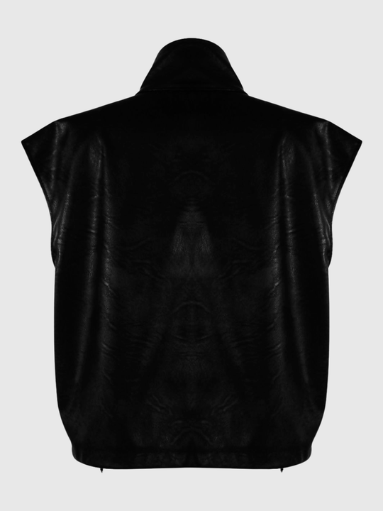 Ghost mannequin stands in front go a plain background, it wears a cropped black faux leather Gillet with front button fastening and string  waist adjustable fastening. The ghost mannequin stands in with her back to the camera, the back of the Gillet can be seen, including yje mock neck.