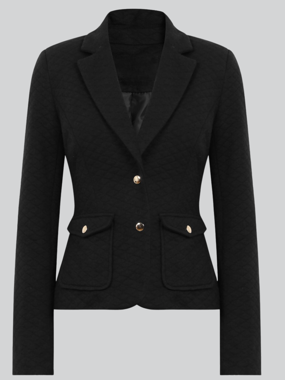 Ghost mannequin wears a black quilted blazer with gold buttons and front pocket design. The ghost mannequin faces forward, the front of the blazer can be seen, including the front pockets. 