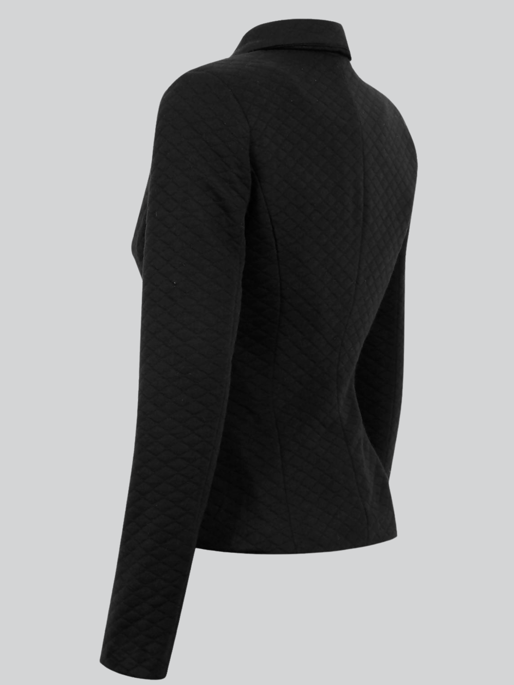 Ghost mannequin wears a black quilted blazer with gold buttons and front pocket design. The ghost mannequin faces to the side, the side of the quilted blazer can be seen, including the tailored back design. 