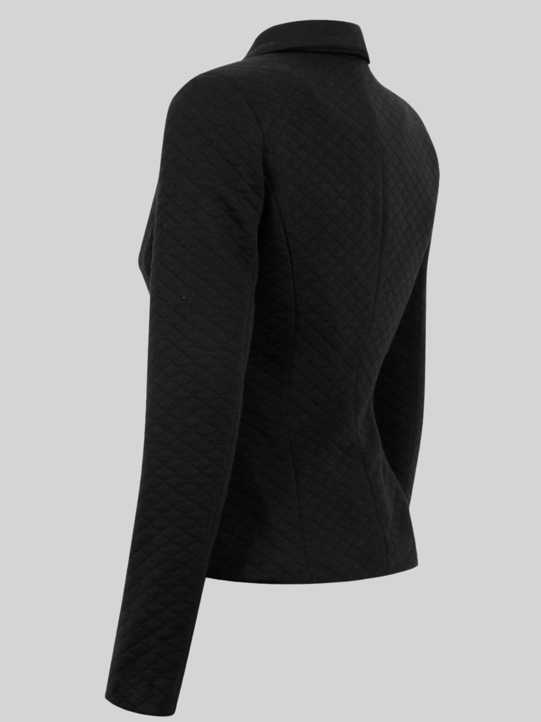 Ghost mannequin wears a black quilted blazer with gold buttons and front pocket design. The ghost mannequin faces to the side, the side of the quilted blazer can be seen, including the tailored back design. 