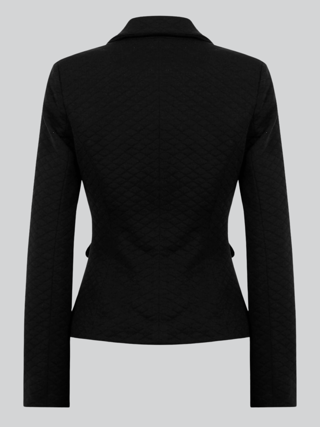 Ghost mannequin wears a black quilted blazer with gold buttons and front pocket design. The ghost mannequin has its back to the camera, the back of the blazer can be seen, including the tailored style design. 