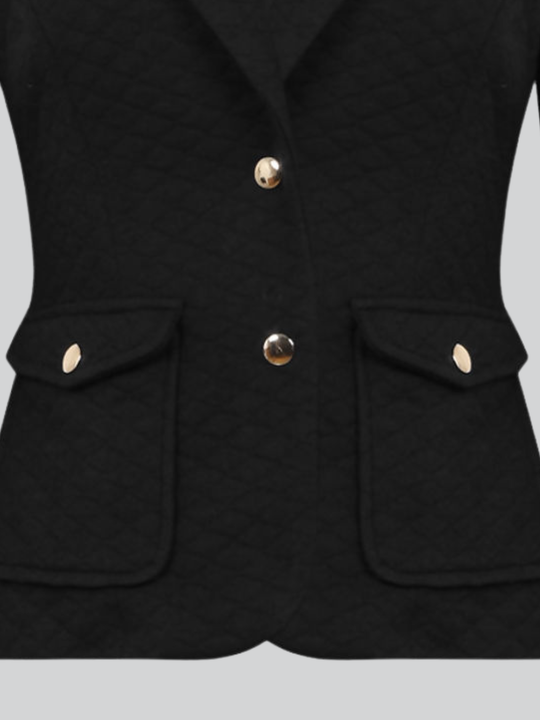 Close up. Close up of the pockets of the black quilted blazer. 