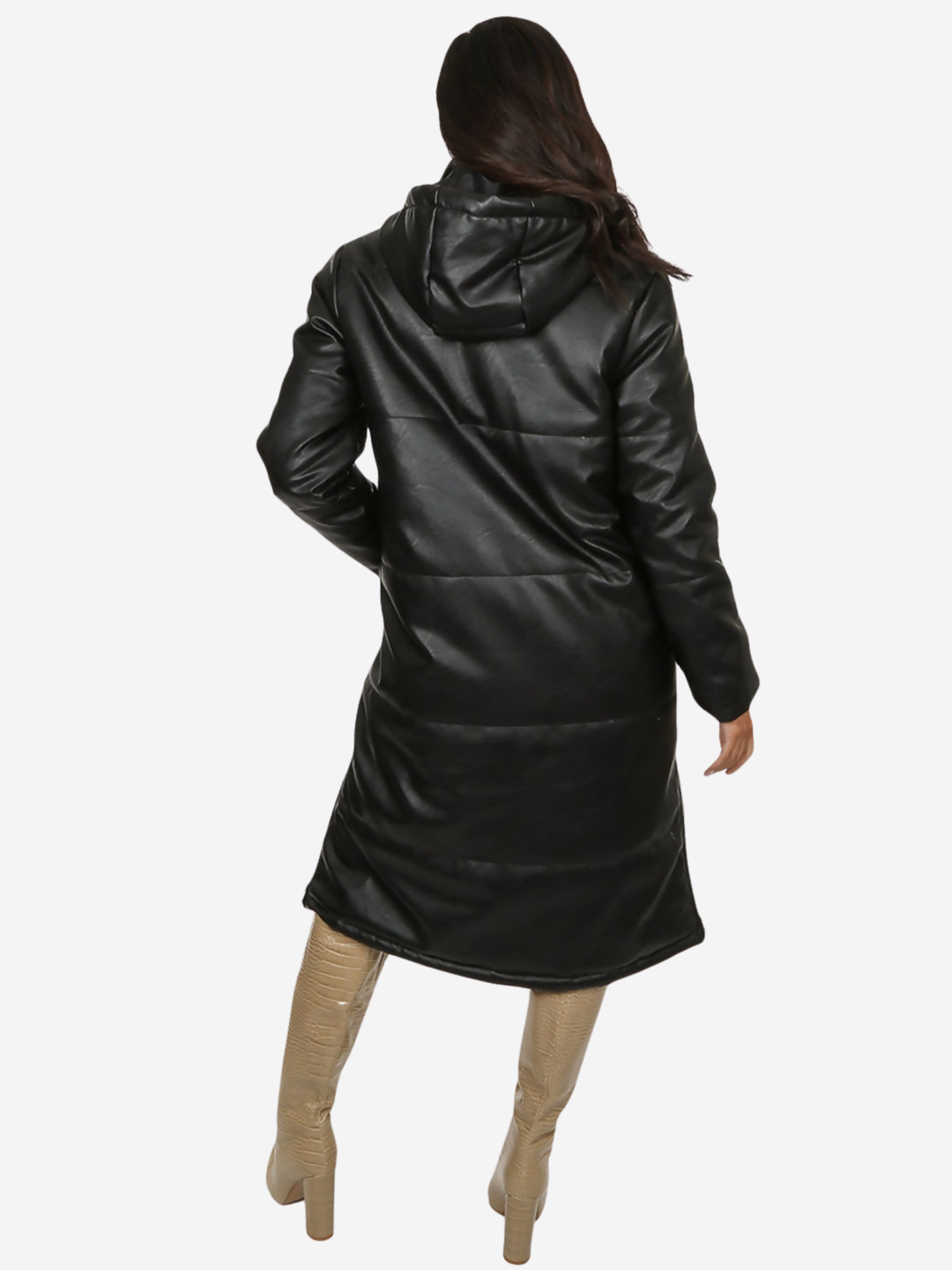 Model stands in front of a plain background, she wears a longline black faux leather quilted coat, with zip front and front button fastening.  The model has tanned skin and long dark brown hair, she stands with her back to the camera, wearing beige boots, the back of the coat can be seen, including the quilted design and quilted hood. 