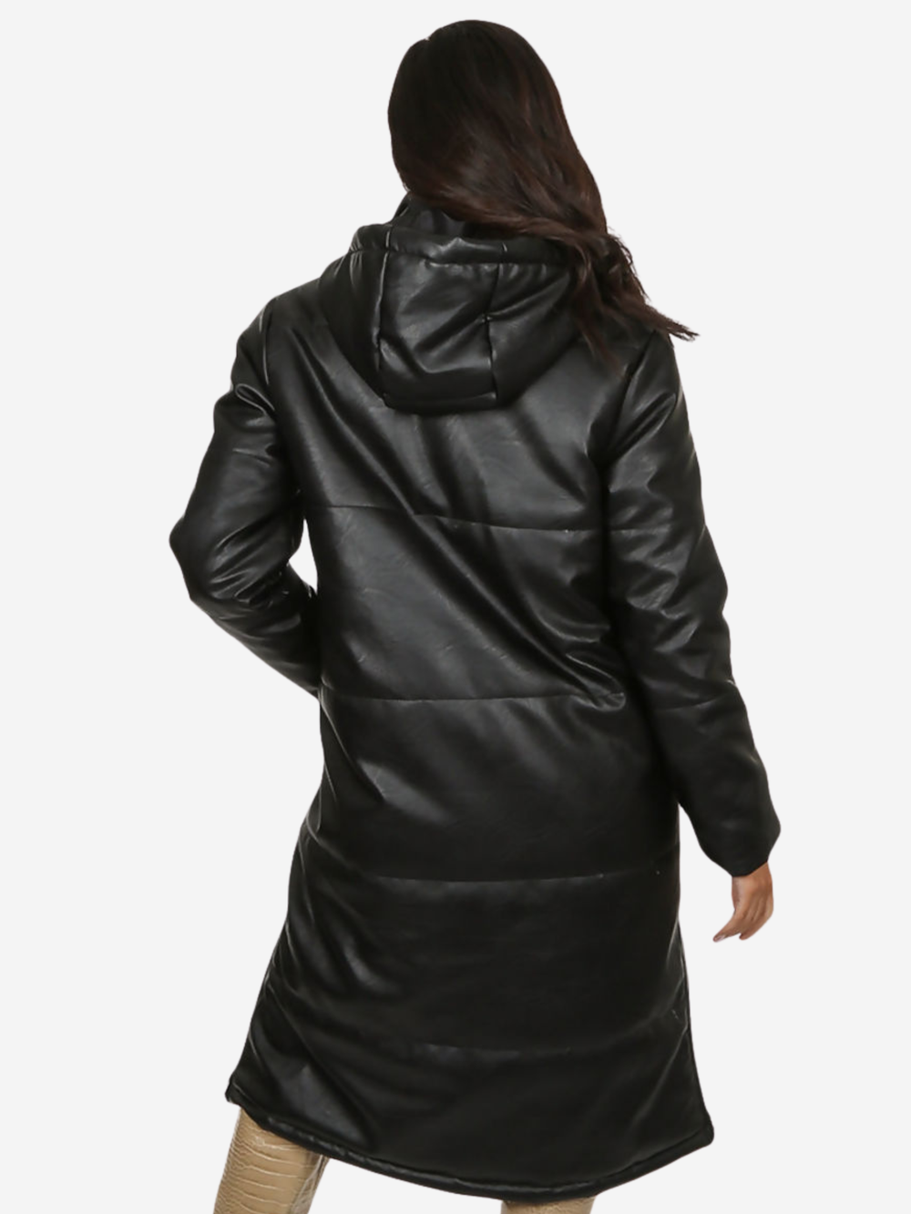 Model stands in front of a plain background, she wears a longline black faux leather quilted coat, with zip front and front button fastening.  The model has tanned skin and long dark brown hair, the model stands with her back to the camera, the back of the coat can be seen, including the quilted design and quilted hood. 
