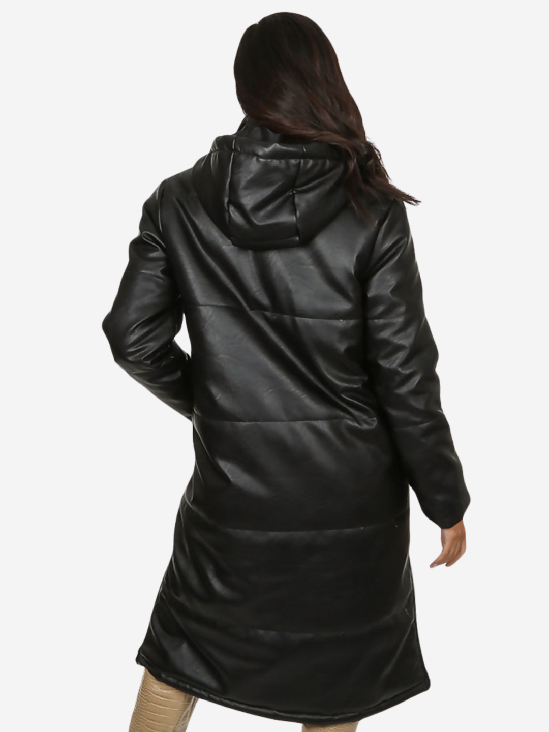 Model stands in front of a plain background, she wears a longline black faux leather quilted coat, with zip front and front button fastening.  The model has tanned skin and long dark brown hair, the model stands with her back to the camera, the back of the coat can be seen, including the quilted design and quilted hood. 