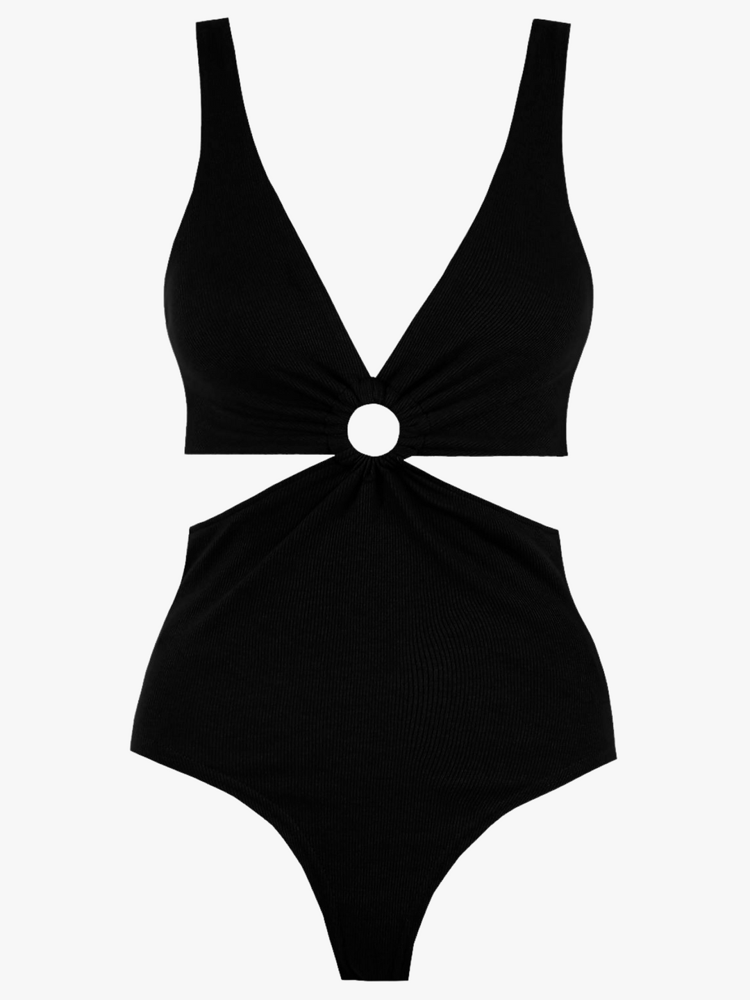 Ghost manequin wears a black ribbed cut out bodysuit with v neck design and ruched centre detailing. The ghost manequin faces forward, the front of the bodysuit can be seen, including the cut out esign. 