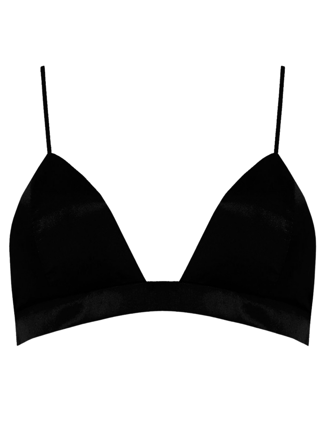 Ghost manequin wears a  black satin bralette  in front of a white plain background. The black satin bralette has triangle cups, spaghetti straps and hook   back fastening. The ghost manequin faces forward, the front of the bralette can be seen, including the triangle cups. 