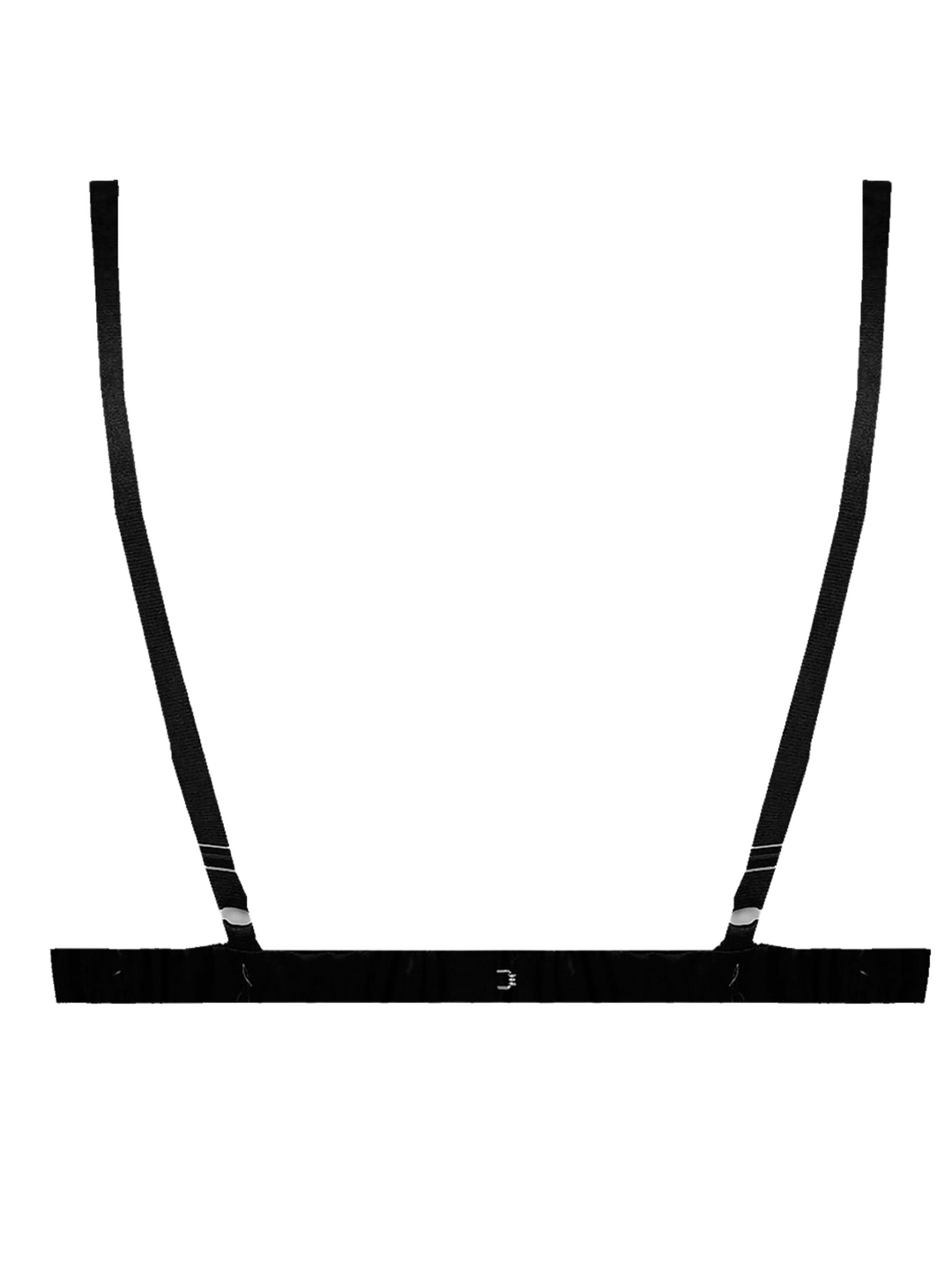 Ghost manequin wears a  black satin bralette  in front of a white plain background. The black satin bralette has triangle cups, spaghetti straps and hook   back fastening. The ghost manequin stands with theirr back to the camera, the back of the bralette can be seen, including the hook back  fastening and adustable spaghetti straps. 