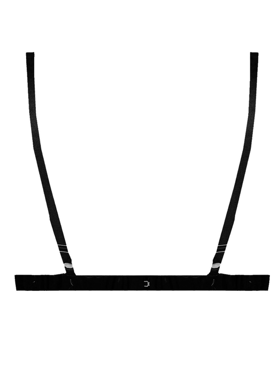 Ghost manequin wears a  black satin bralette  in front of a white plain background. The black satin bralette has triangle cups, spaghetti straps and hook   back fastening. The ghost manequin stands with theirr back to the camera, the back of the bralette can be seen, including the hook back  fastening and adustable spaghetti straps. 