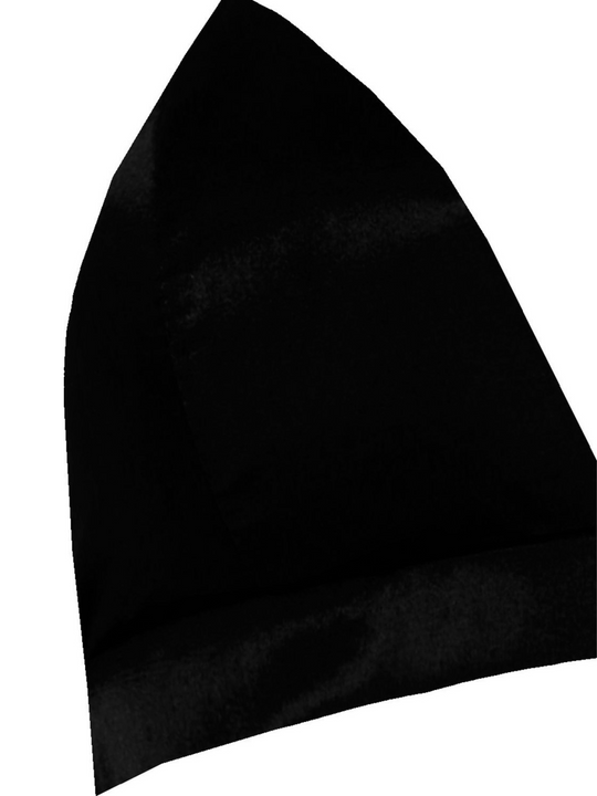Close up. Ghost manequin wears a  black satin bralette  in front of a white plain background, a close up of a triagle cup of the bralette can be seen. 