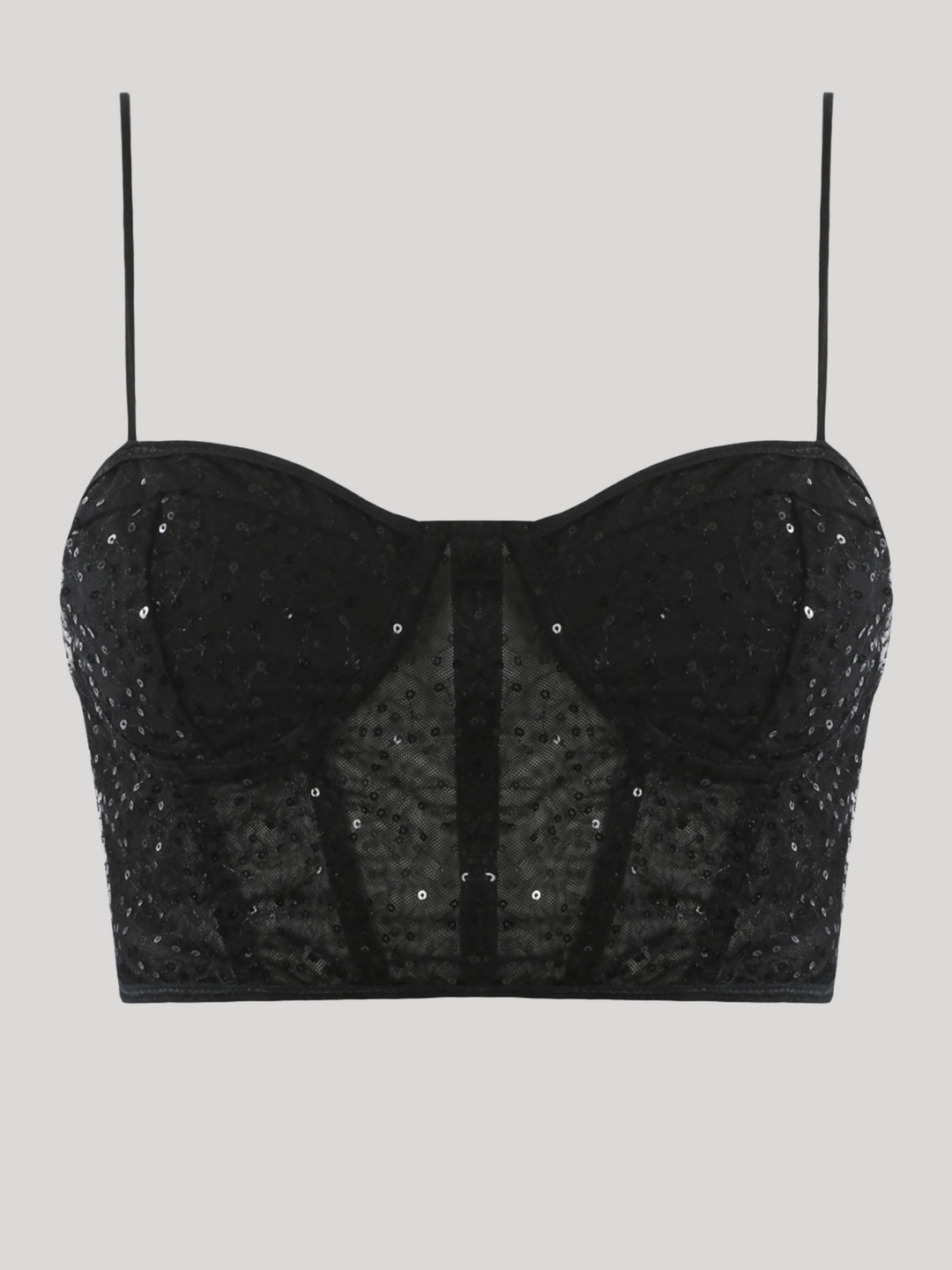 Ghost manequin wears a  black sequin crop top with hook back fastening and spaghetti straps. The crop top has a front sheer panel with sequin detailing. The ghost manequin faces forward, the front of the top can be seen. 
