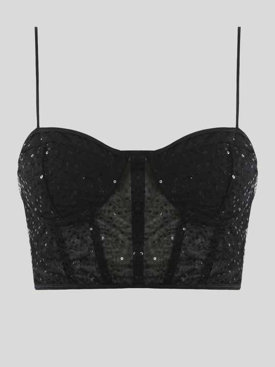 Ghost manequin wears a  black sequin crop top with hook back fastening and spaghetti straps. The crop top has a front sheer panel with sequin detailing. The ghost manequin faces forward, the front of the top can be seen. 