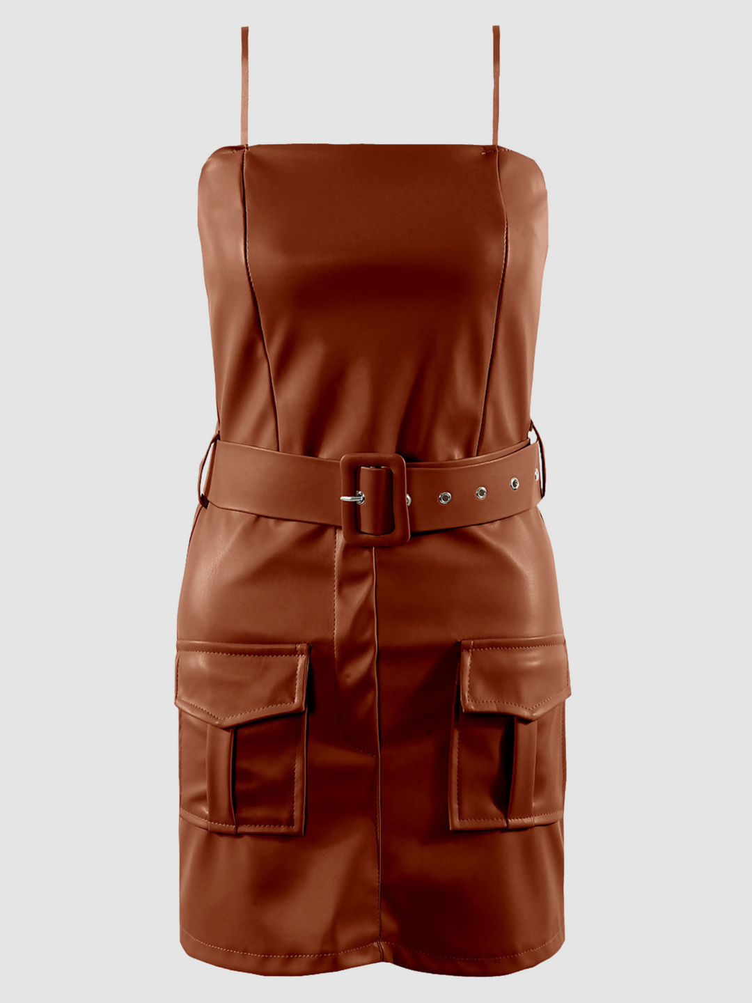 Ghost manequin wears a PU leather playsuit that has a dress skort effect, the front of the dress appears to be a mini dress, but from behind it is clear that it is a playsuit, as the shorts is visible. The ghost manequin faces forward, the adjustable belted waist and spaghetti straps can be seen. 